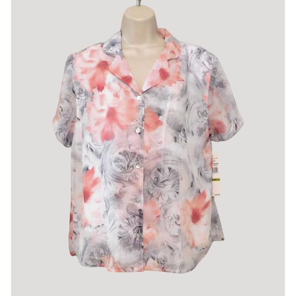 Alfred Dunner Tops - Alfred Dunner Womens Blouse Size 14 Pink Gray White Floral Short Sleeve Button